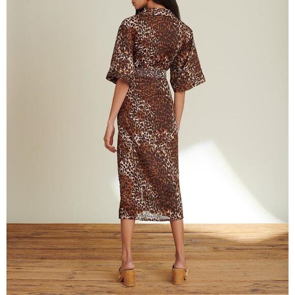 VERONICA BEARD Seki Leopard Print Linen Midi Dress In Brown 14 /Large - Picture 3 of 13